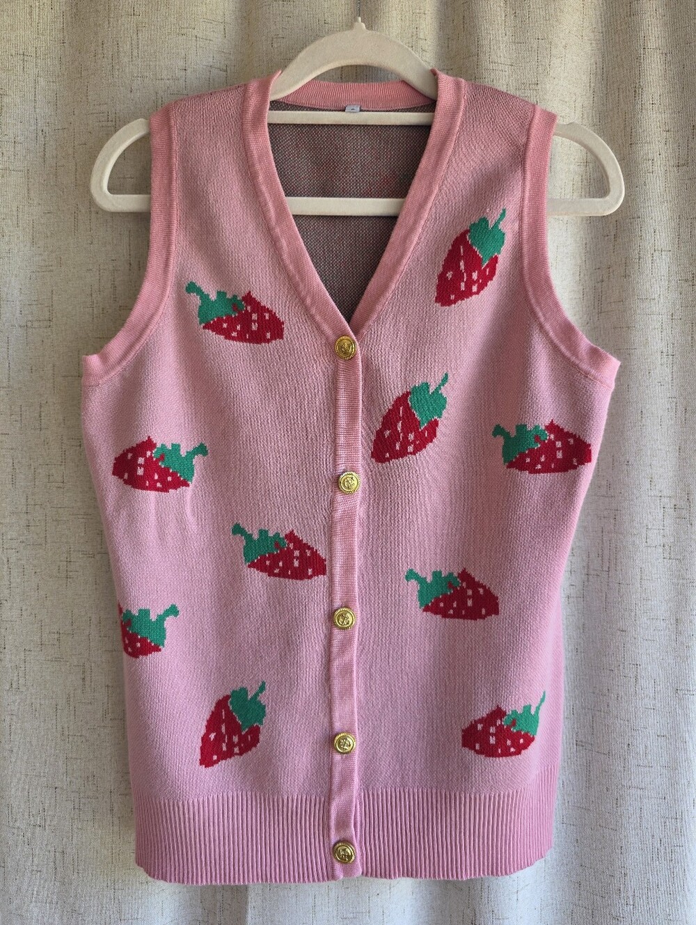 Sweet And Cozy Pink Strawberry Knit Vest With Gold Buttons